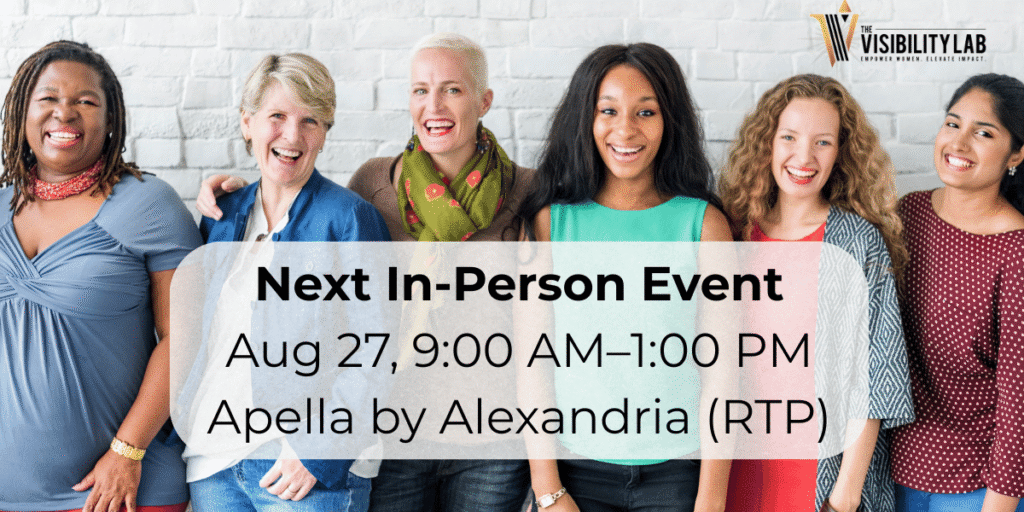 Group of women smiling in front of a brick wall; banner reads “Next In-Person Event — Aug 27, 9:00 AM–1:00 PM, Apella by Alexandria (RTP)”; The Visibility Lab logo in the top right.